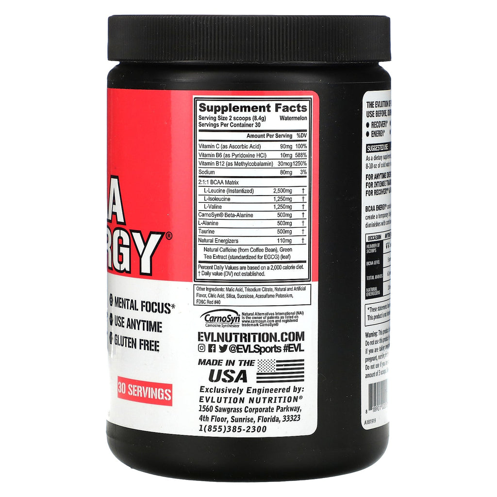 EVLution Nutrition, BCAA ENERGY, Sandía, 8,89 oz (252 g)