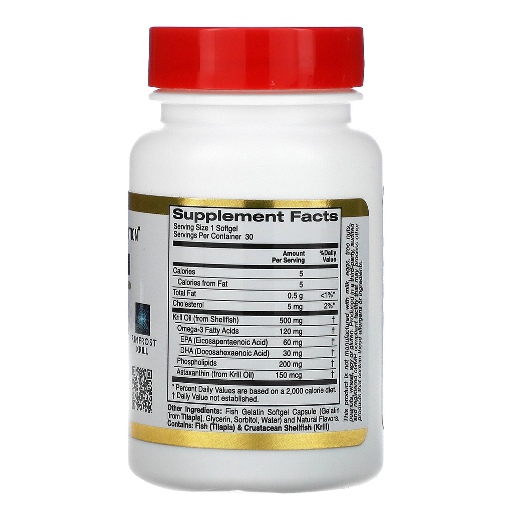 California Gold Nutrition, Antarctic Krill Oil, with Astaxanthin, RIMFROST, Natural Strawberry & Lemon Flavor, 500 mg, 30 Fish Gelatin Softgels