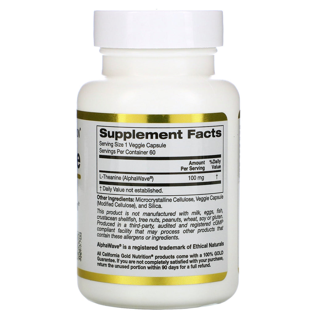 California Gold Nutrition, L-teanina, AlphaWave, apoya la relajación, la concentración, 100 mg, 60 cápsulas vegetales