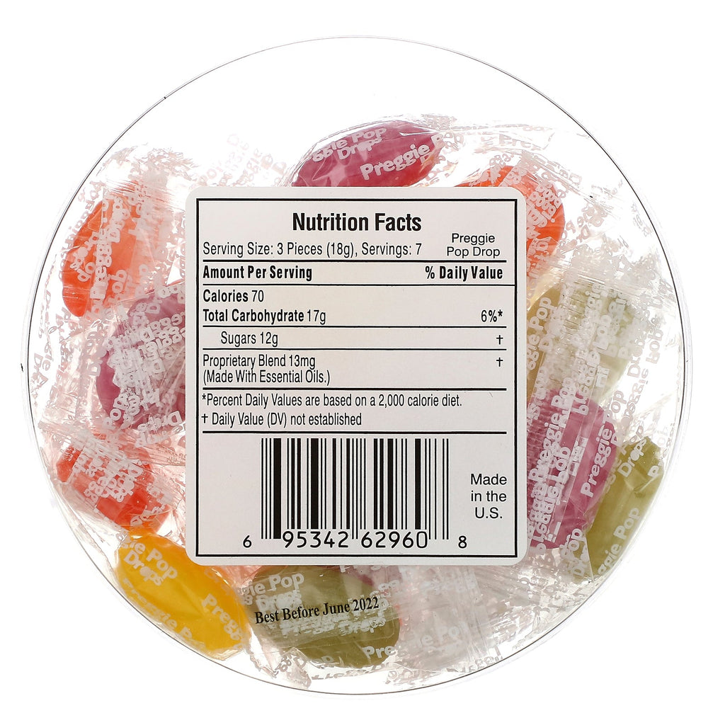 Tre lollies, Preggie Pop-dråber, sure frugter, 21 stykker