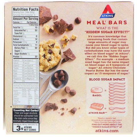 Atkins, Meal, Chocolate Chip Cookie Dough Bar, 5 Bars, 2.12 oz (60 g) Each