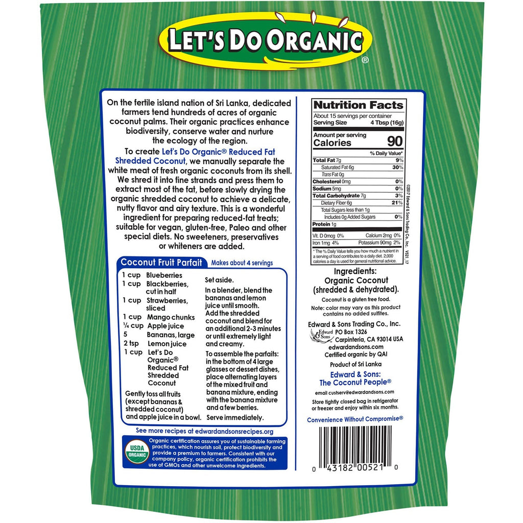 Edward & Sons, Let's Do , 100%  Unsweetened Shredded Coconut, Reduced Fat, 8.8 oz (250 g)