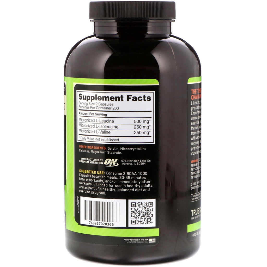 Optimum Nutrition, BCAA 1000 Cápsulas, Mega-Size, 1 g, 400 Cápsulas