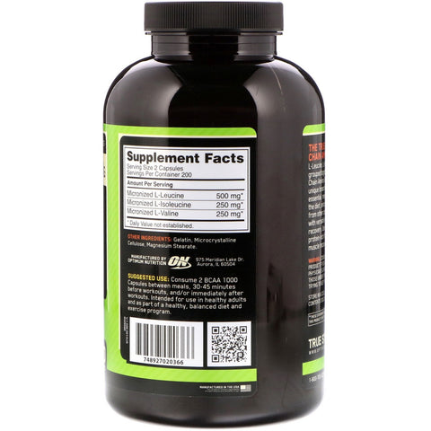 Optimum Nutrition, BCAA 1000 Cápsulas, Mega-Size, 1 g, 400 Cápsulas
