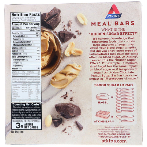 Atkins, Meal Bar, Chocolate Peanut Butter Bar, 5 Bars, 2.12 oz (60 g) Each