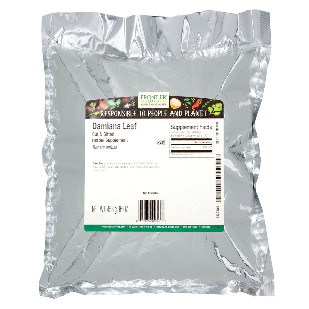 Frontier Natural Products, skåret og sigtet Damiana-blad, 16 oz (453 g)