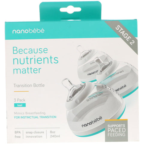 Nanobebe, Transition Bottle, Stage 2, Teal, 3 Pack, 8 oz (240 ml) Each