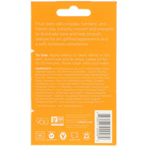 Andalou Naturals, Instant Luminous, Turmeric & Gold Clay Beauty Face Mask, .28 oz (8 g)