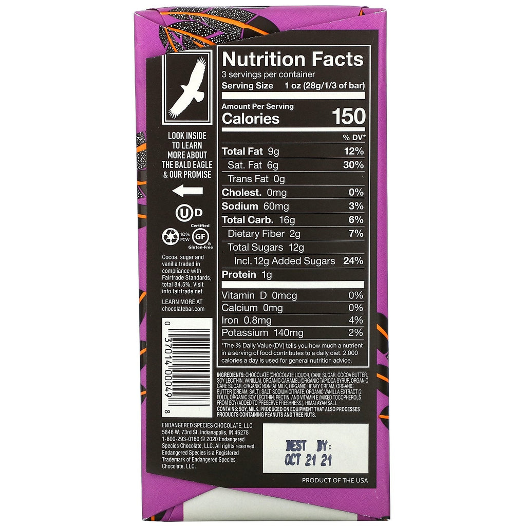 Chocolate de especies en peligro de extinción, sal marina con caramelo + chocolate amargo, 60 % cacao, 3 oz (85 g)