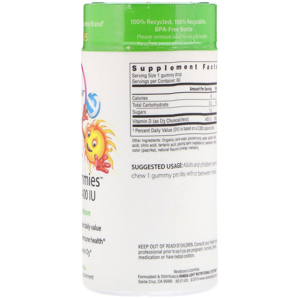 Rainbow Light, Sunny Gummies, vitamina D3, para edades de 4 años en adelante, mandarina picante, 400 UI, 60 gomitas