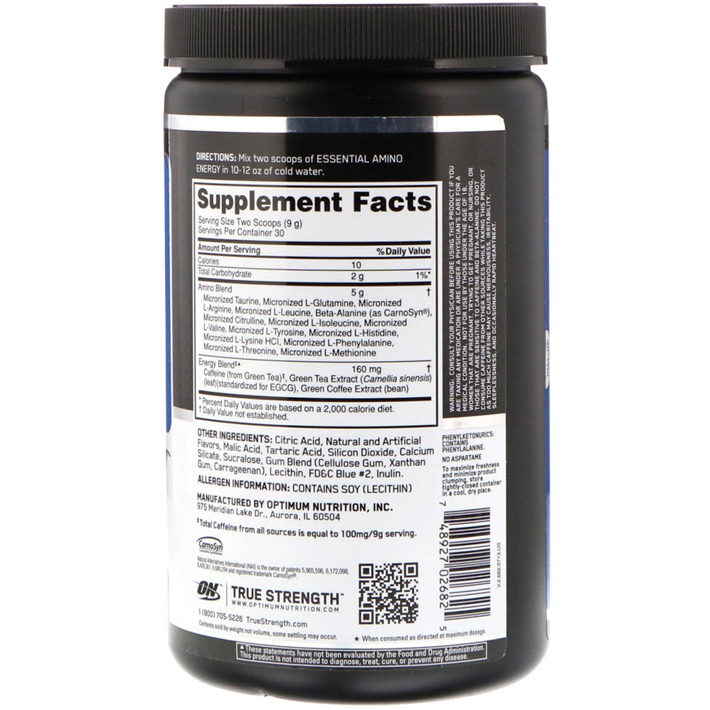 Optimum Nutrition, ESSENTIAL AMIN.O. ENERGY, Blue Raspberry, 9.5 oz (270 g)