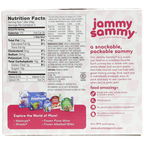 Plum s, Jammy Sammy, Peanut Butter & Grape, 5 Bars, 1.02 oz (29 g) Each