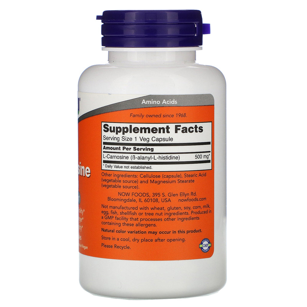 Now Foods, L-carnosina, 500 mg, 100 cápsulas vegetales