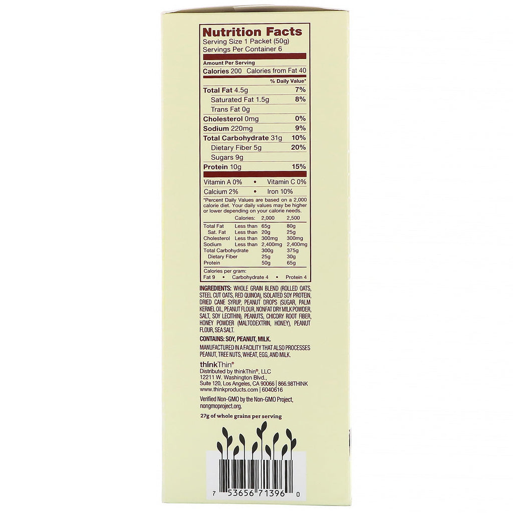 ThinkThin, Protein & Fiber Hot Oatmeal, Honey Peanut Butter, 6 Packets, 1.76 oz (50 g ) Each