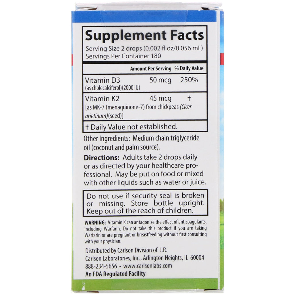 Carlson Labs, Liquid Vitamins, Super Daily D3+K2, 50 mcg (2,000 IU) & 45 mcg, 0.34 fl oz (10.16 ml)