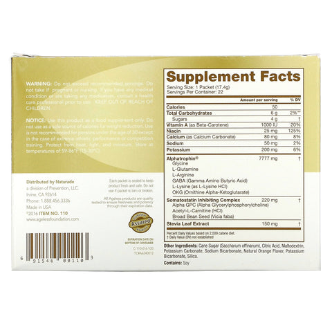 Ageless Foundation Laboratories, UltraMax Gold, fórmula de rejuvenecimiento avanzado con alfatrofina, sabor a naranja Valencia, 22 paquetes, 17,4 g cada uno