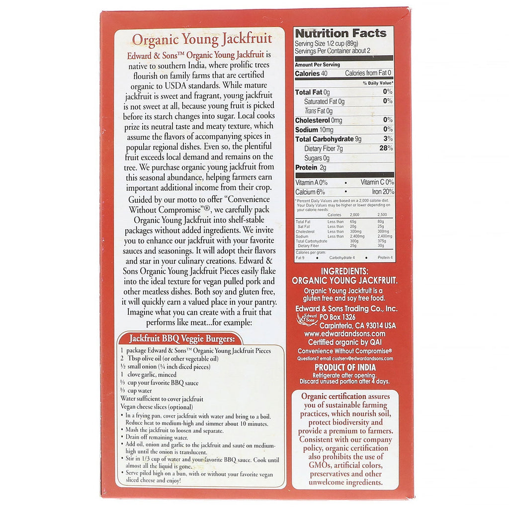 Edward &amp; Sons, Young Jackfruit, Ukrydrede stykker, 7 oz (200 g)