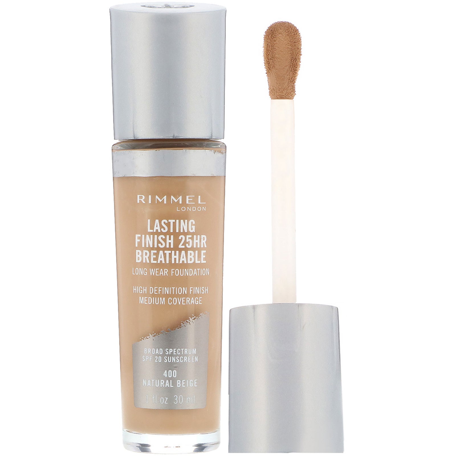 Rimmel London, Lasting Finish 25HR Breathable Long Wear Foundation, 400 Natural Beige, 1 fl oz (30 ml)