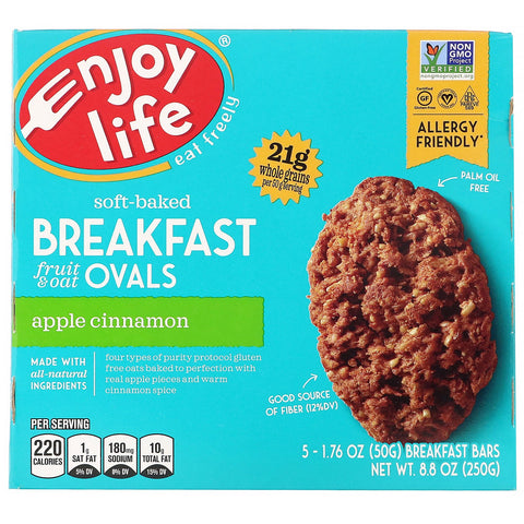 Enjoy Life Foods, Soft-Baked Breakfast Fruit & Oat Ovals, Apple Cinnamon, 5 Bars, 1.76 oz (50 g) Each