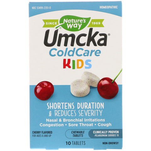 Nature's Way, Umcka, ColdCare Kids,  For Ages 6 and Up, Cherry Flavored, 10 Chewable Tablets