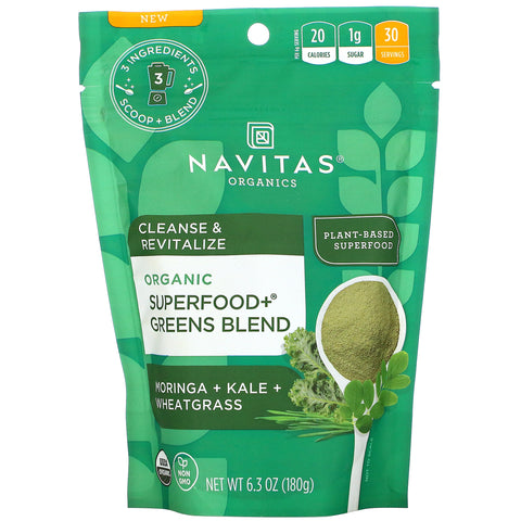 Navitas Organics, Organic Superfood+ Greens Blend, Moringa + Kale + Wheatgrass, 6.3 oz (180 g)