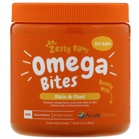 Zesty Paws, Omega Bites for Dogs, Skin & Coat, All Ages, Bacon Flavor, 90 Soft Chews