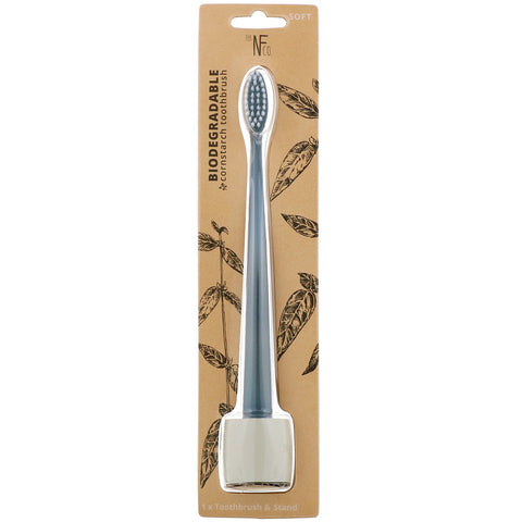 The Natural Family Co., Biodegradable Cornstarch Toothbrush, Monsoon Mist, Soft, 1 Toothbrush & Stand