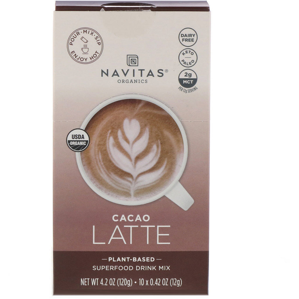 Navitas Organics, Latte Superfood Drink Mix, Cacao, 10 Packets, 0.31 oz (9 g) Each