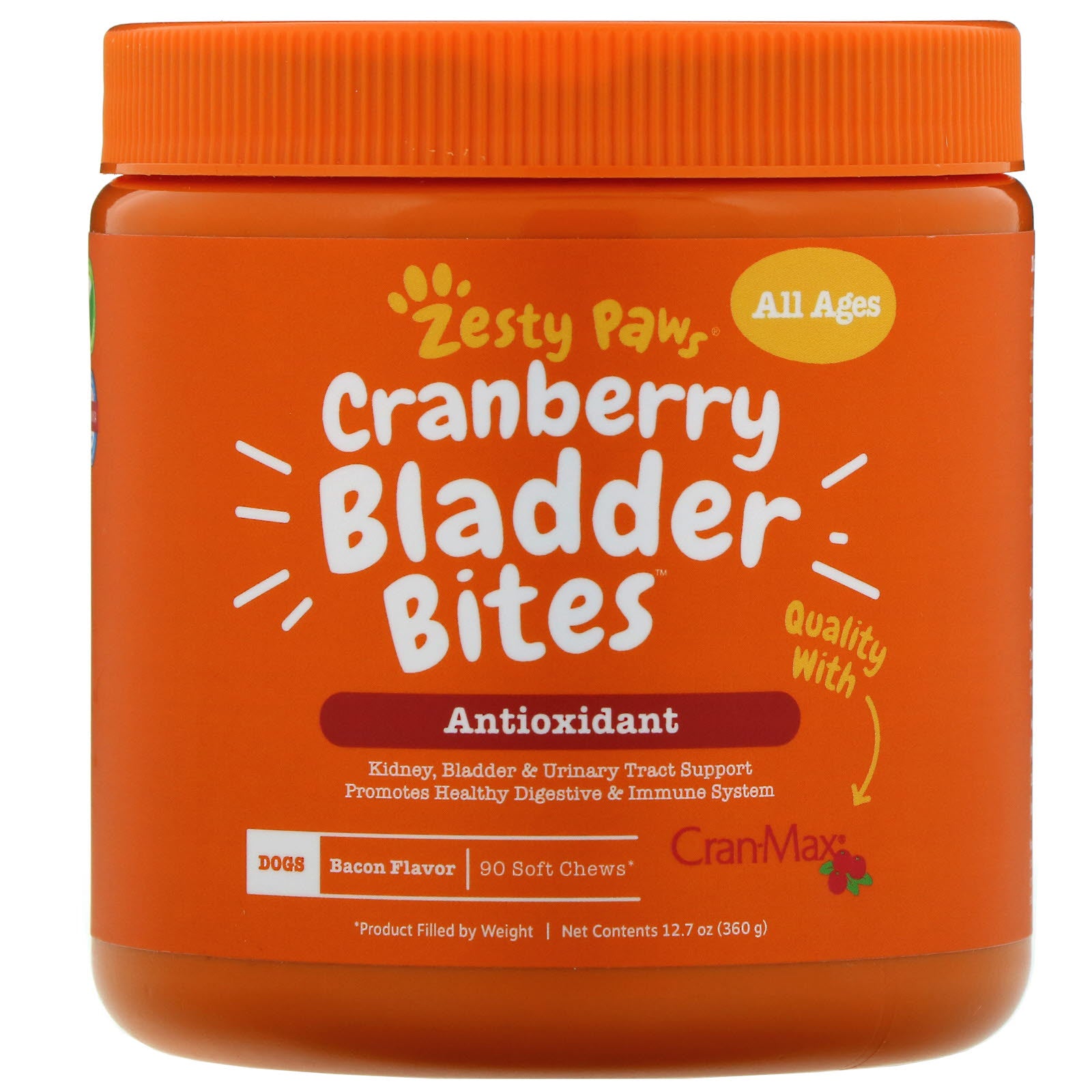 Zesty Paws, Cranberry Bladder Bites for Dogs, Antioxidant, All Ages, Bacon Flavor, 90 Soft Chews