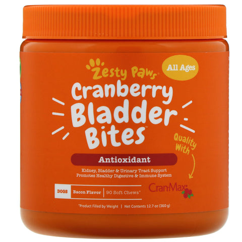 Zesty Paws, Cranberry Bladder Bites for Dogs, Antioxidant, All Ages, Bacon Flavor, 90 Soft Chews