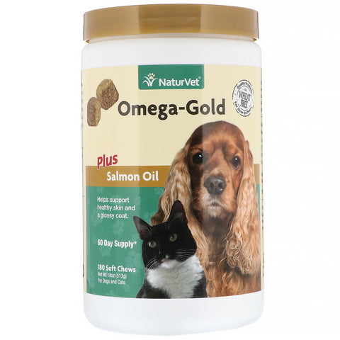 NaturVet, Omega-Gold Plus Salmon Oil, For Dogs and Cats, 180 Soft Chews