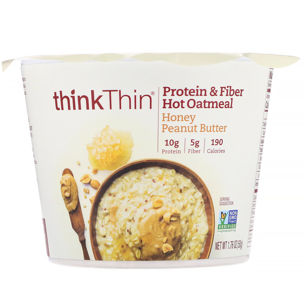 ThinkThin, Protein & Fiber Hot Oatmeal, Honey Peanut Butter, 1.76 oz (50 g)