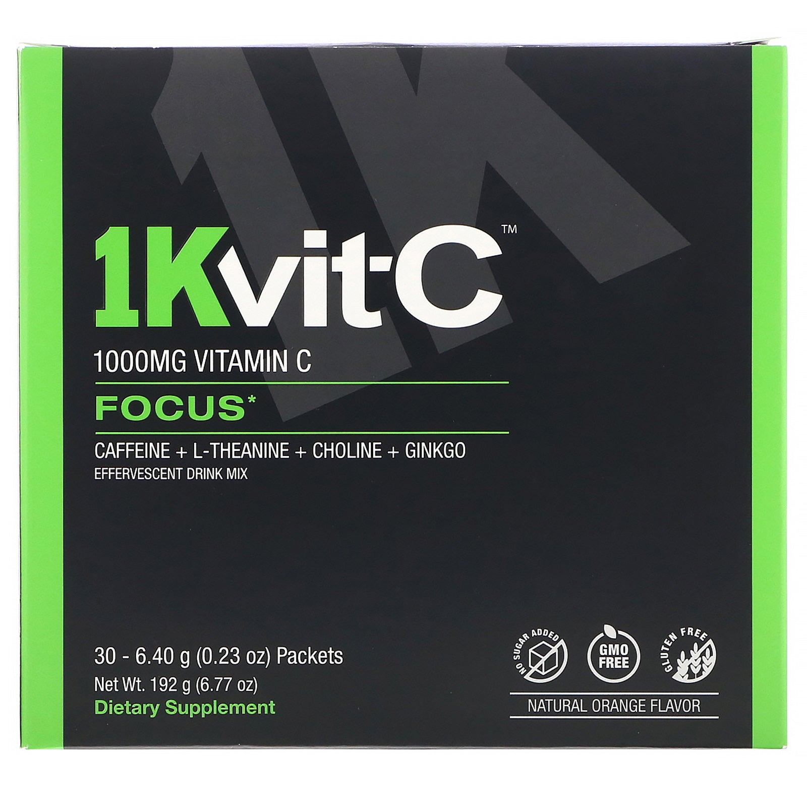 1Kvit-C, Vitamin C, Focus, Effervescent Drink Mix, Natural Orange Flavor, 1,000 mg, 30 packets. 0.23 oz (6.40 g) Each