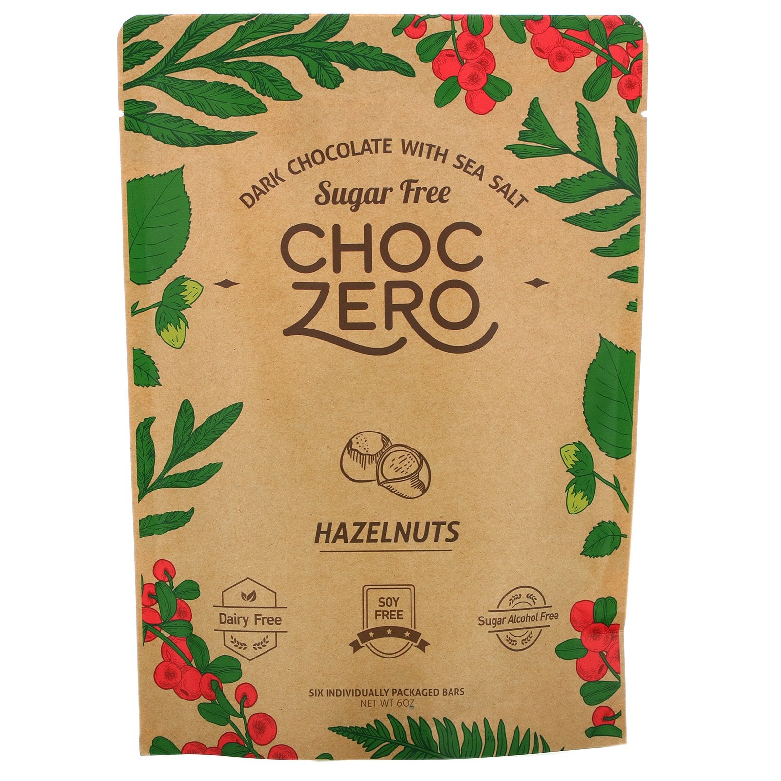 ChocZero, Dark Chocolate With Sea Salt, Hazelnuts, Sugar Free,  6 Bars, 1 oz Each