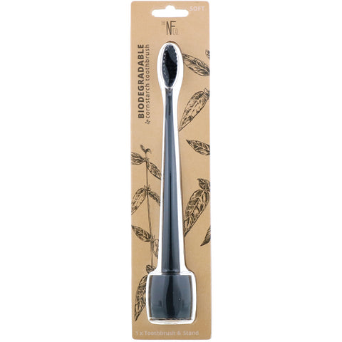 The Natural Family Co., Biodegradable Cornstarch Toothbrush, Pirate Black, Soft, 1 Toothbrush & Stand