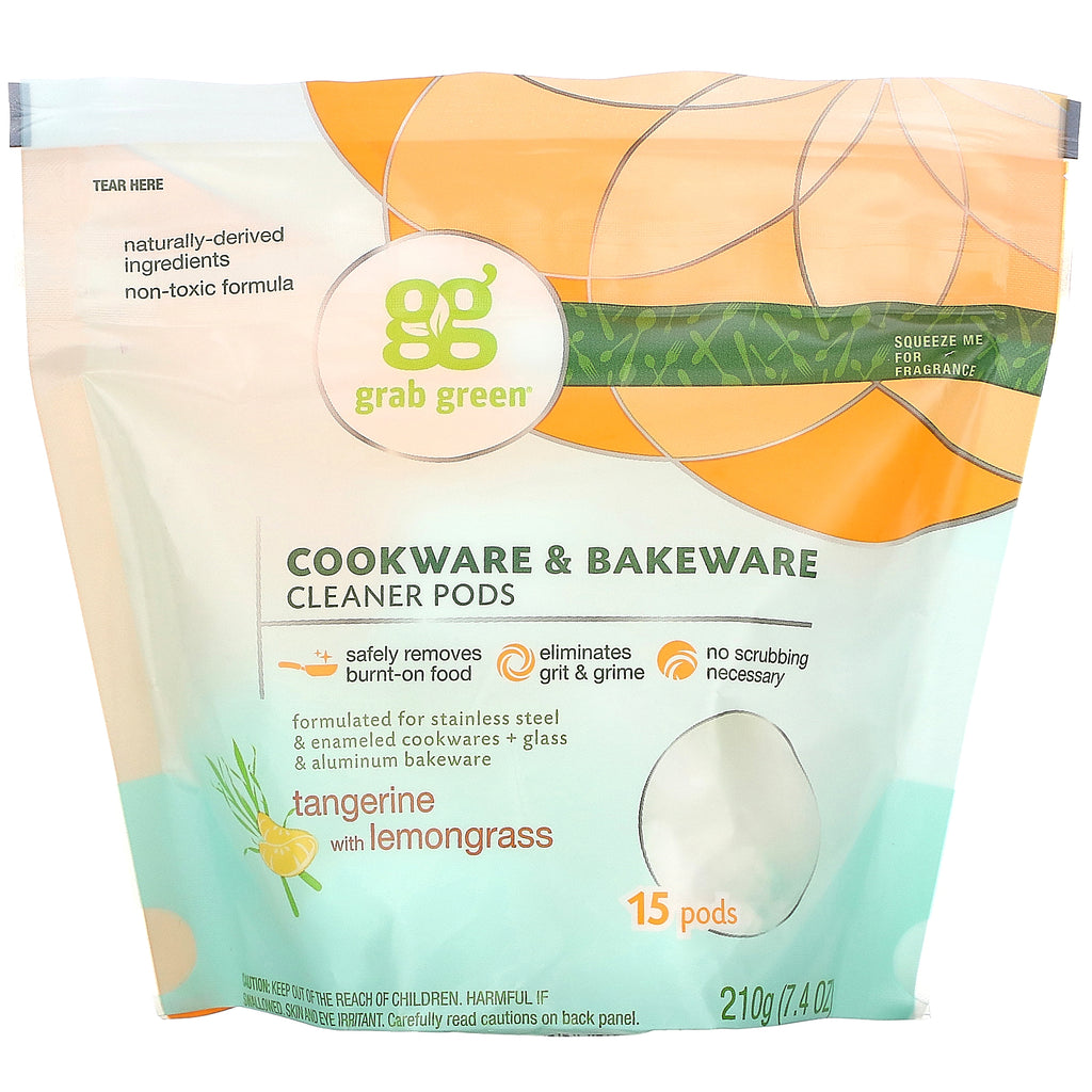 Grab Green, Cookware & Bakeware Cleaner Pods, Tangerine with Lemongrass, 15 Pods, 7.4 oz (210 g)