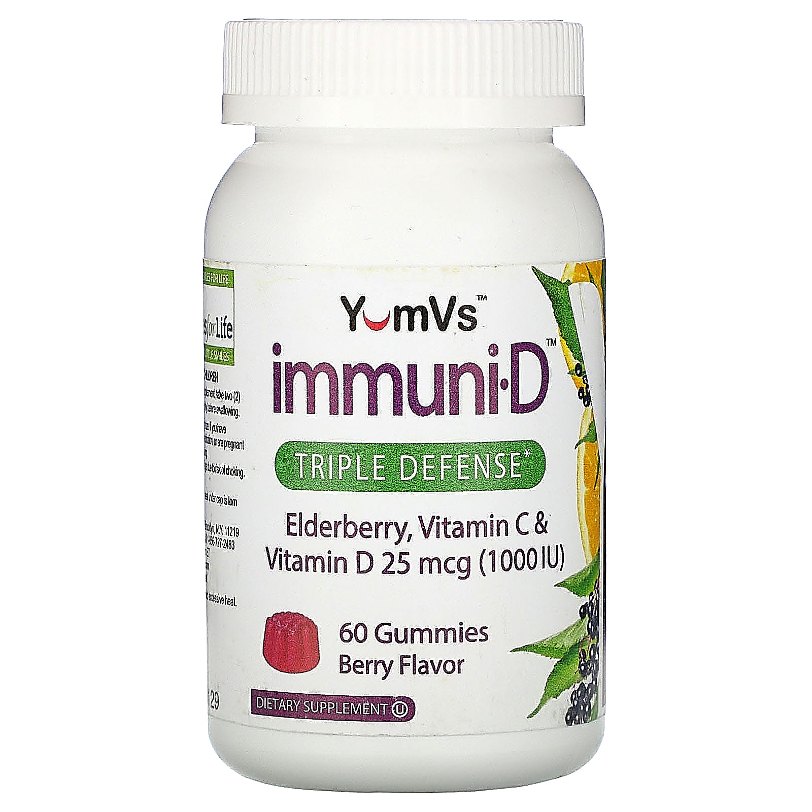 YumV's, Elderberry, Vitamin C & Vitamin D, Triple Defense, Berry Flavor, 25 mcg (1,000 IU), 60 Gummies