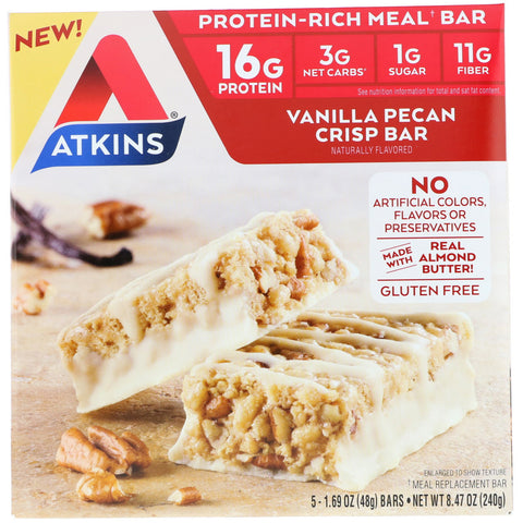 Atkins, Meal Bar, Vanilla Pecan Crisp Bar, 5 Bars, 1.69 oz (48 g) Each