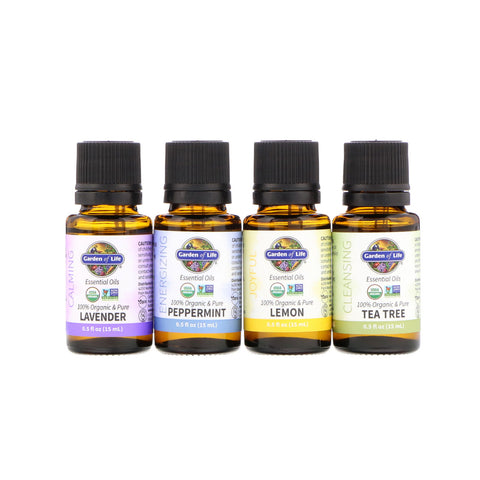 Garden of Life, Organic Essential Oil Starter Pack, Lavender, Peppermint, Lemon, Tea Tree, 4 Bottles, 0.5 fl oz (15 ml) Each