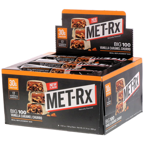 MET-Rx, Big 100, Meal Replacement Bar, Vanilla Caramel Churro, 9 bars, 3.52 oz (100 g) Each