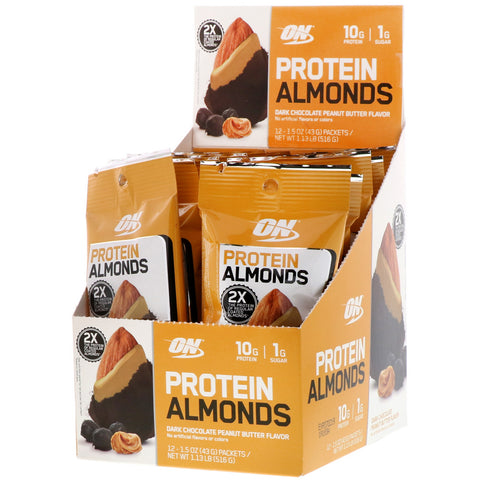 Optimum Nutrition, Protein Almonds, Dark Chocolate Peanut Butter, 12 Packets, 1.5 oz (43 g) Each