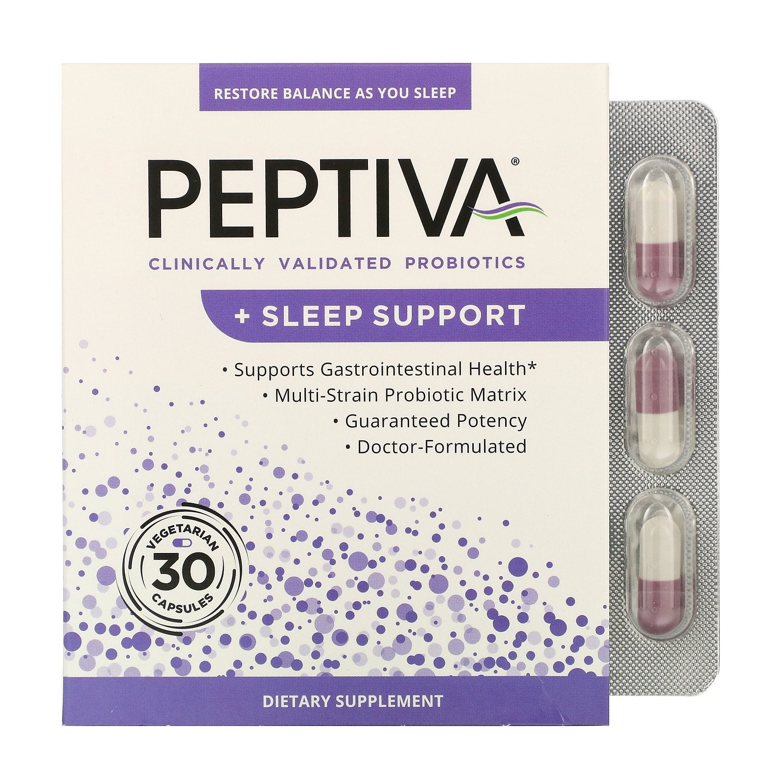 Peptiva, Clinically Validated Probiotics + Sleep Support, 30 Vegetarian Capsules