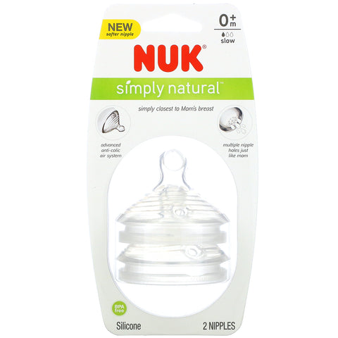 NUK, Simply Natural, Slow Flow Bottle Nipples,  0+ Months, 2 Nipples