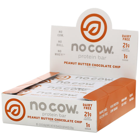 No Cow, Protein Bar, Peanut Butter Chocolate Chip,  12 Bars, 2.12 oz (60 g) Each