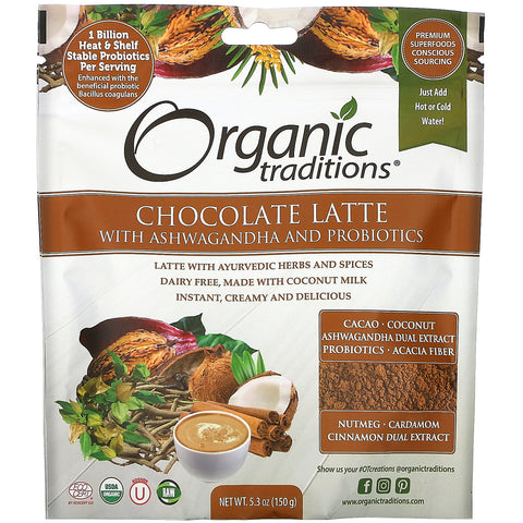 Organic Traditions, Chocolate Latte with Ashwagandha and Probiotics, 5.3 oz (150 g)