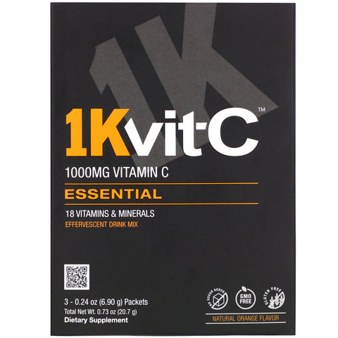 1Kvit-C, Vitamin C, Essential, Effervescent Drink Mix, Natural Orange Flavor, 1,000 mg , 3 Packets, 0.24 oz (6.90 g) Each