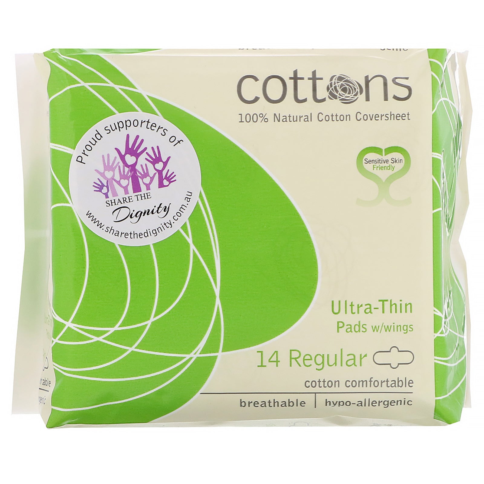 Cottons, 100% Natural Cotton Coversheet, Ultra-Thin Pads with Wings, Regular, 14 Pads