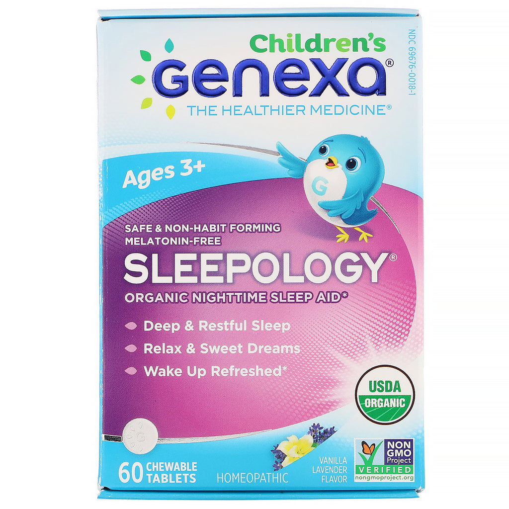 Genexa, Children's Sleepology, Organic Nighttime Sleep Aid, Vanilla Lavender Flavor, Ages 3+, 60 Chewable Tablets