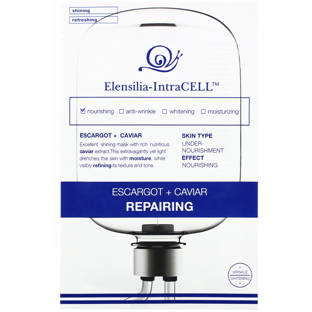 Elensilia, Elensilia-IntraCELL, Escargot + Caviar Repairing Mask, 10 Sheets, 0.85 fl oz (25 ml) Each