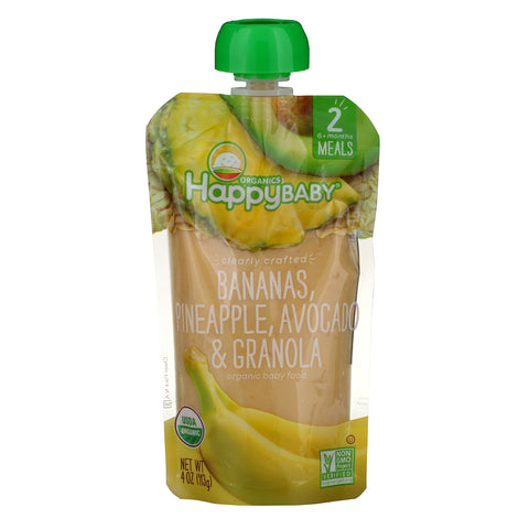 Happy Family Organics, Organic Baby Food, Stage 2, Clearly Crafted, 6+, Bananas, Pineapple, Avocado & Granola, 4 oz (113 g)